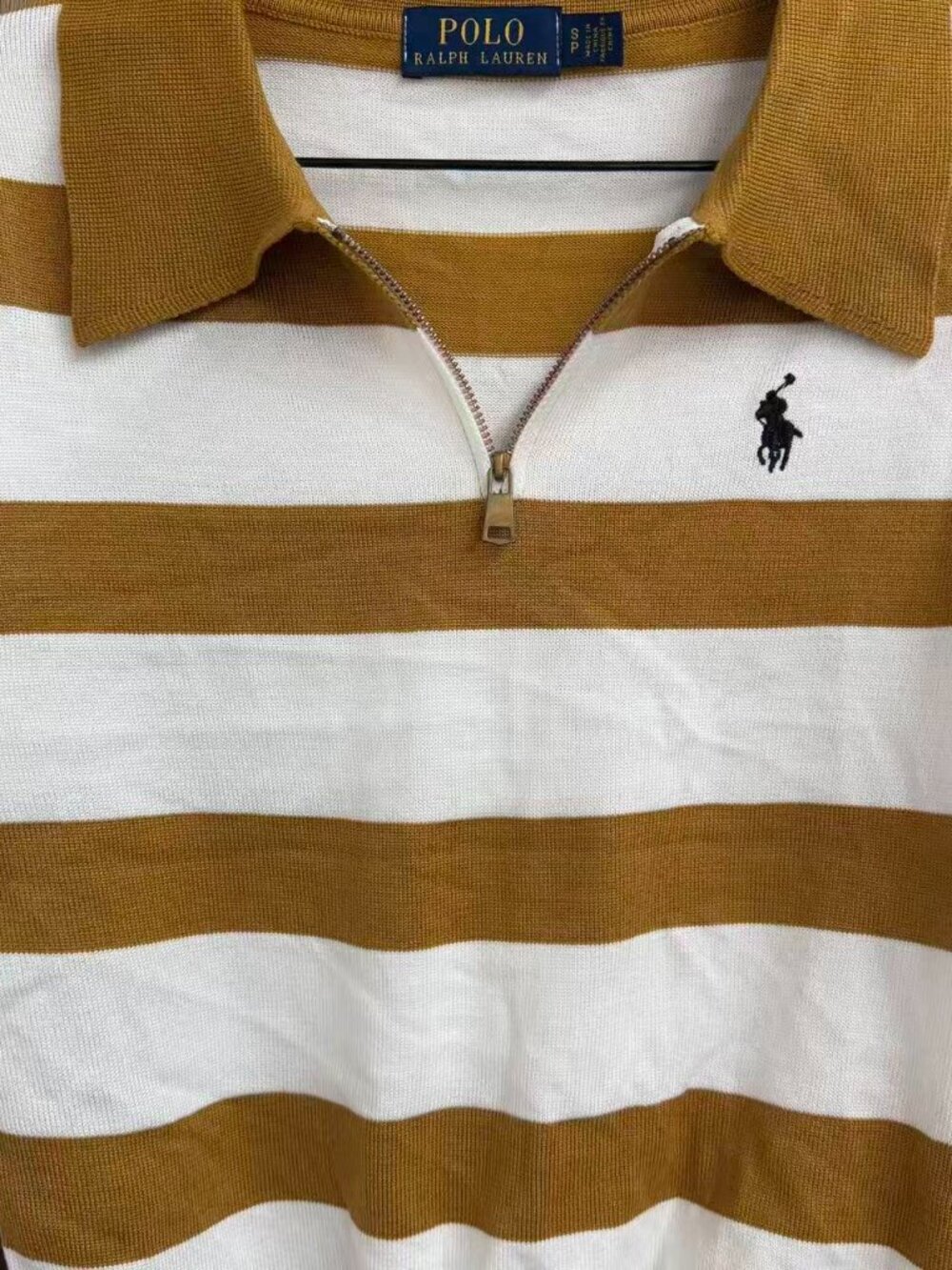 🤎Polo Ralph Lauren Mustard White Stripe Half Zip Collared Knit Top - Picture 4 of 5